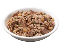 Chef Michael’s® Canine Creations Herb Chicken Flavor and rice & spinach garnishes in meaty juices bowl